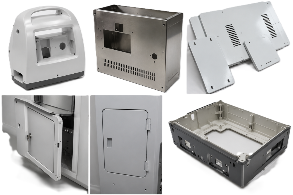 Examples of molded plastic housings, formed metal enclosures, panels, access doors and structural shells