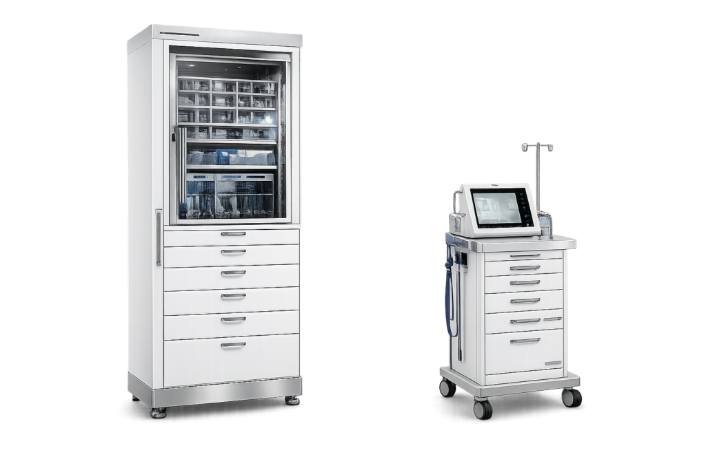 Medical equipment cabinets and mobile equipment cart